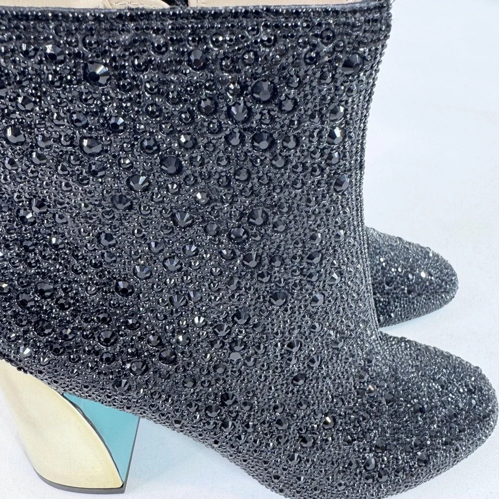 Betsey Johnson Boots Womens Size 6.5 Black Rhinestone Ankle Block Heel SB-HUGO